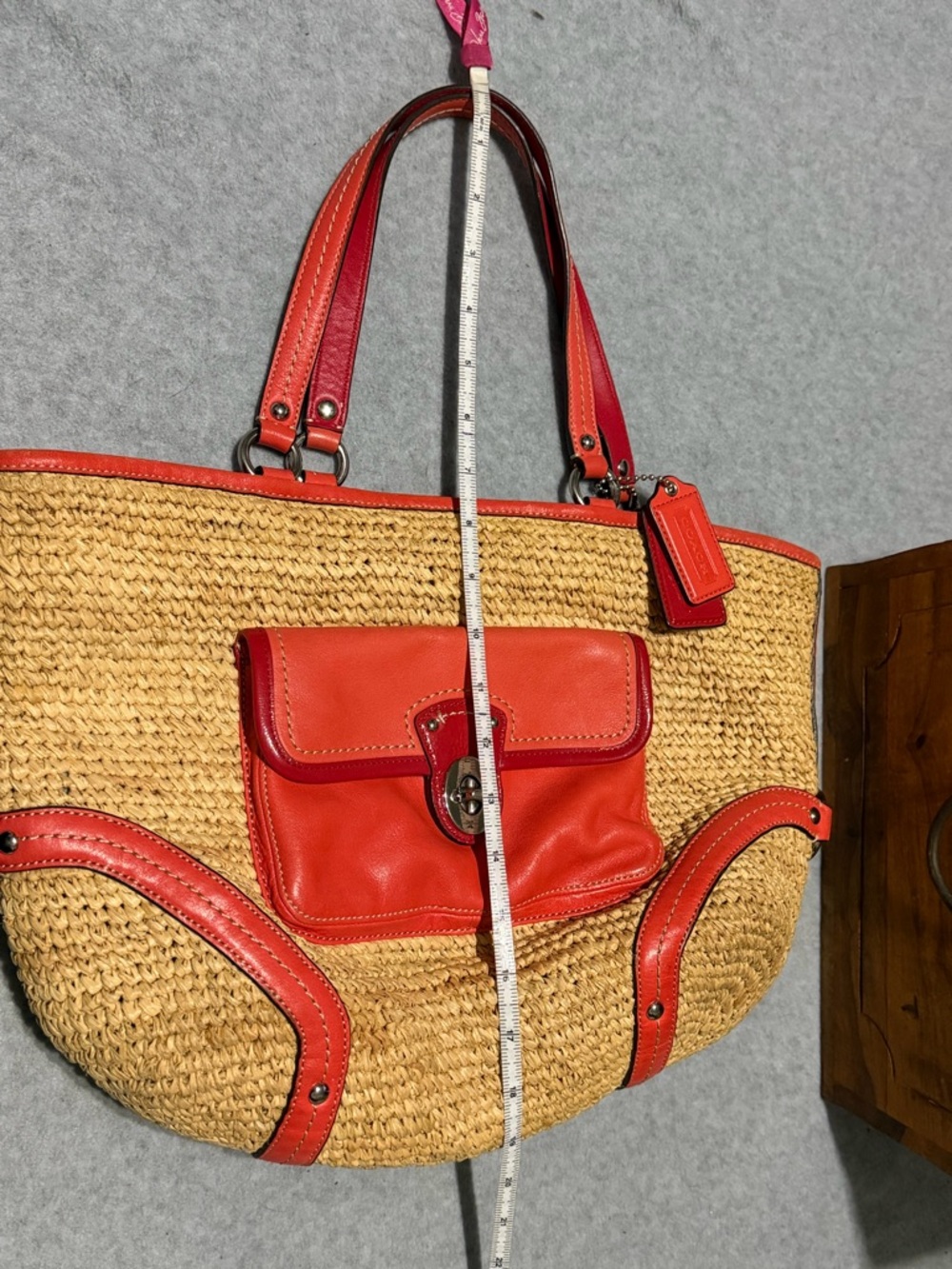 Coach Raffia Straw Tote Bag with Red & Orange Leather Trim Purse - Picture 12 of 15